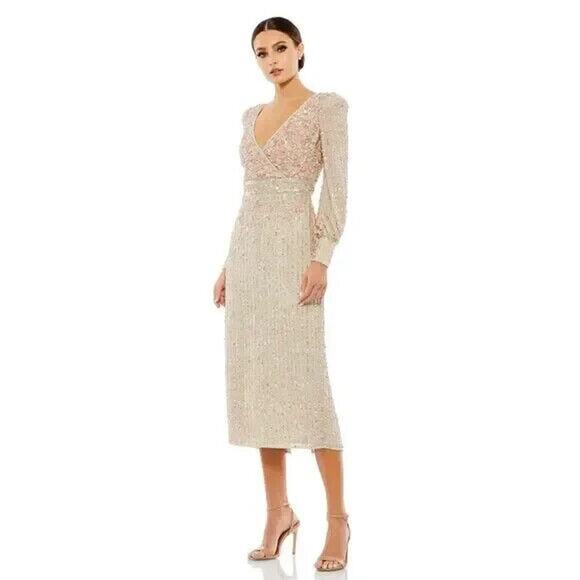 Mac Duggal NWT SEQUINED V-NECK BISHOP SLEEVED DRESS SZ 4 NUDE PINK SILVER 93593 - Picture 1 of 8